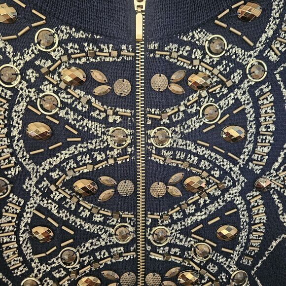 Chico’s Demitria‎ Cardigan Women L Navy Gold Embroidered Byzantine Beaded Zip Up - Picture 10 of 11